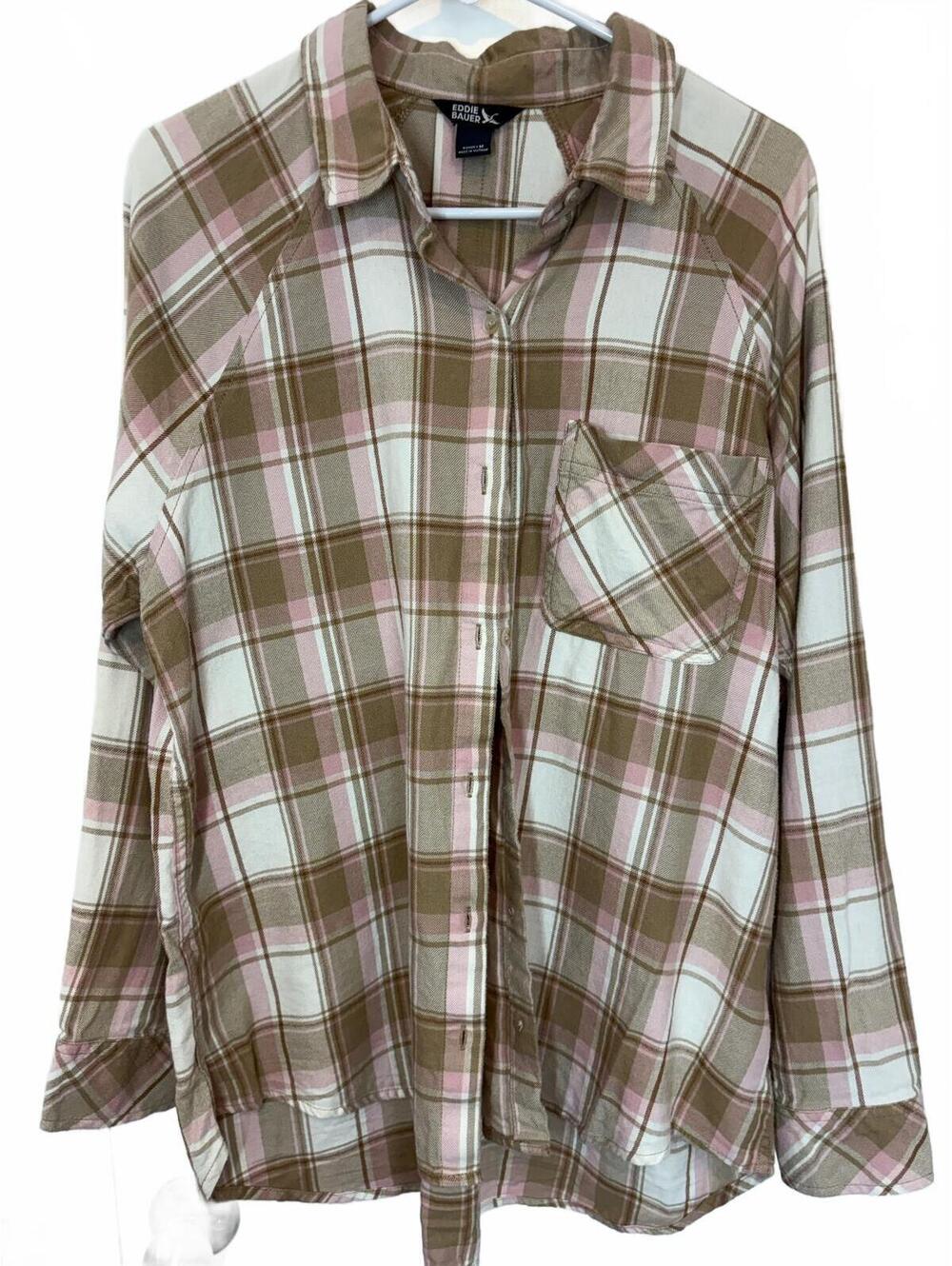 Eddie Bauer Women's Medium Plaid Flannel Shirt in Pink and Brown
